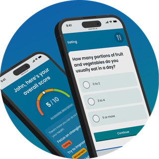 2 phone screens. One screen shows a question asking about how many portions of fruit and vegetables you eat and the second is an example of the result page. There is a numerical score and graph.