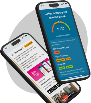 2 phones show different parts of a result. The first shows the score out of 10 and the second shows information on exercise.